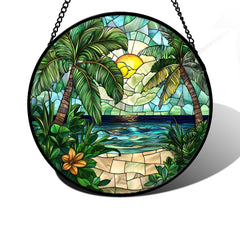 DASTOLL Palm Sunrise Green Ocean Stained Glass Suncatcher front view