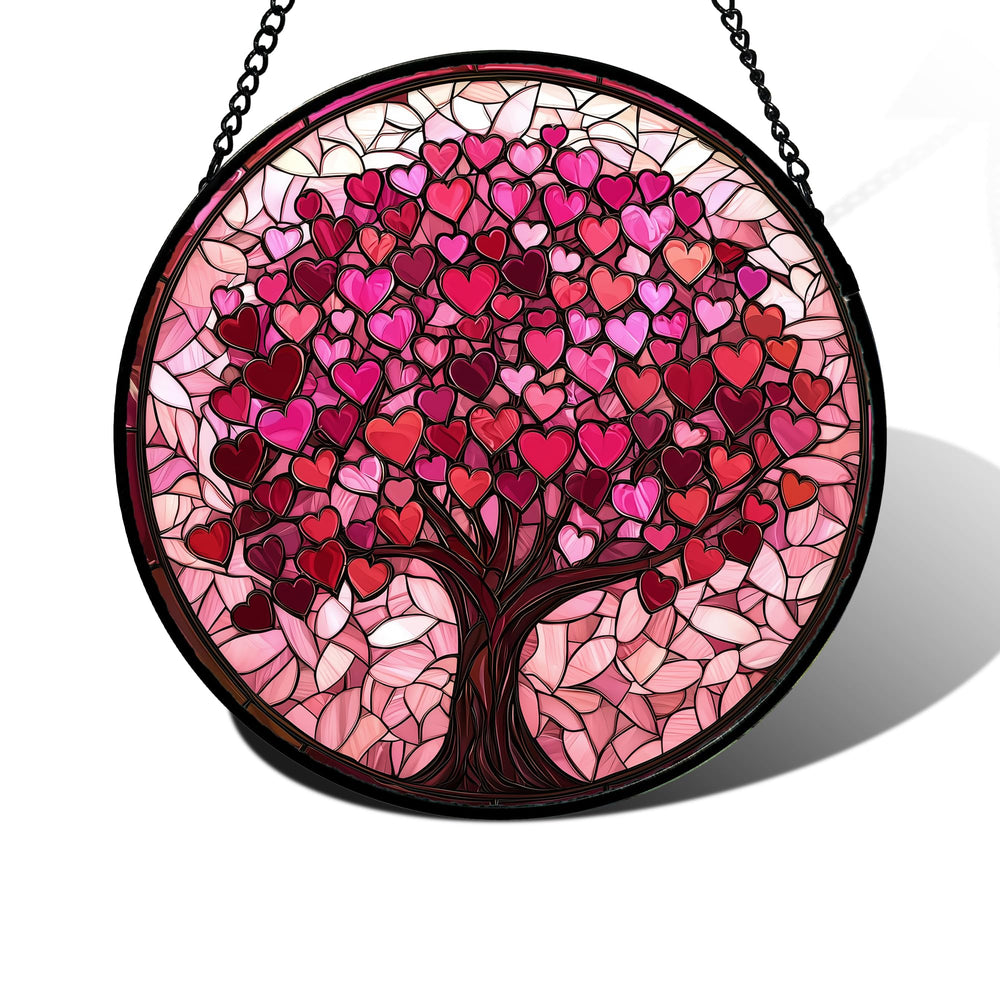 DASTOLL Pink Love Tree Stained Glass Suncatcher front view