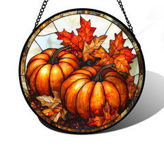 DASTOLL Pumpkin Maple Leaf Stained Glass Suncatcher front view