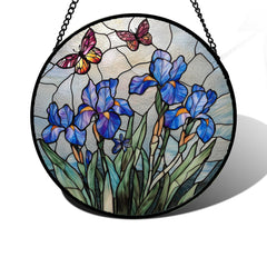 DASTOLL Purple Iris Butterfly Stained Glass Suncatcher front view