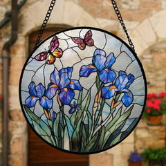 DASTOLL Purple Iris Suncatcher hanging in a window