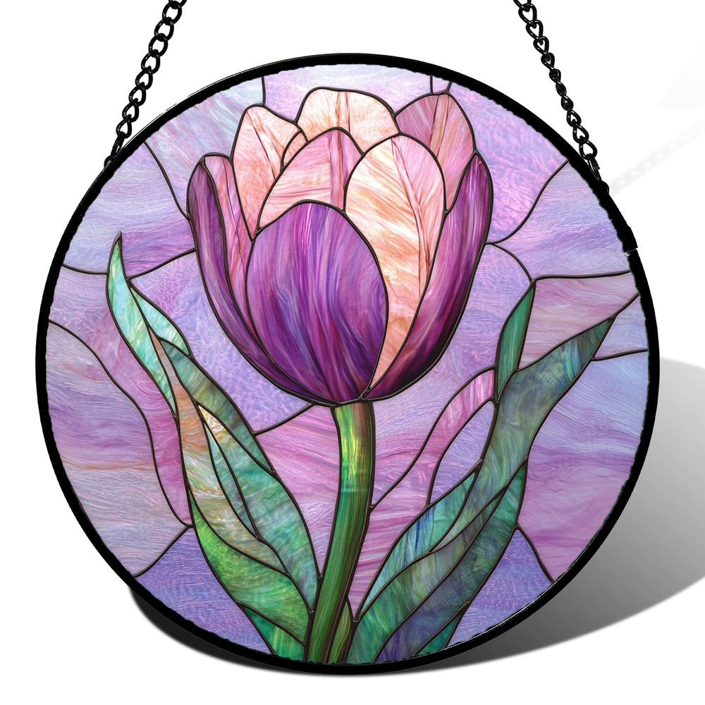 DASTOLL Purple Tulip Stained Glass Suncatcher front view