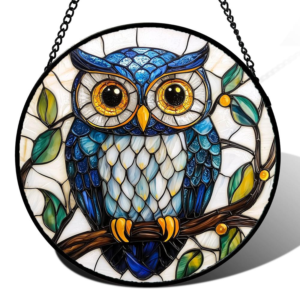 DASTOLL stained glass owl suncatcher front view in blue