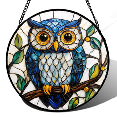 DASTOLL stained glass owl suncatcher front view in blue