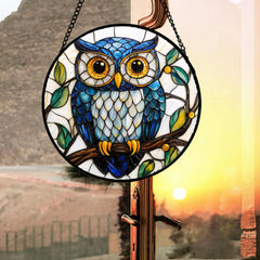 DASTOLL stained glass owl suncatcher with metal chain