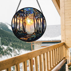 DASTOLL Sunrise Forest Path Stained Glass hanging with metal chain