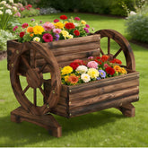 Dawnyard Wooden Wagon Planter front view with wheels
