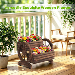 Dawnyard Wooden Wagon Planter side view displaying the wheels