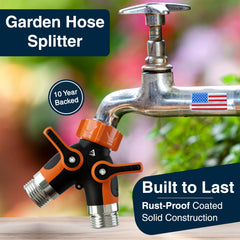 DBR Tech 2 Way Hose Splitter showing dual shut-off valves