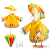 DECOHS Goose Outfit with yellow raincoat and rainbow umbrella, front view
