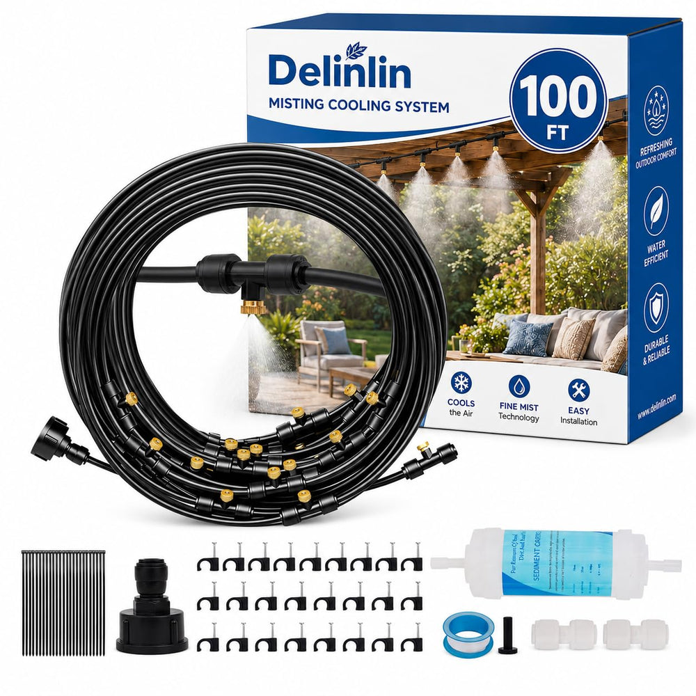 Delinlin 100FT misting system with brass nozzles and tubing setup