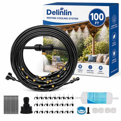 Delinlin 100FT misting system with brass nozzles and tubing setup