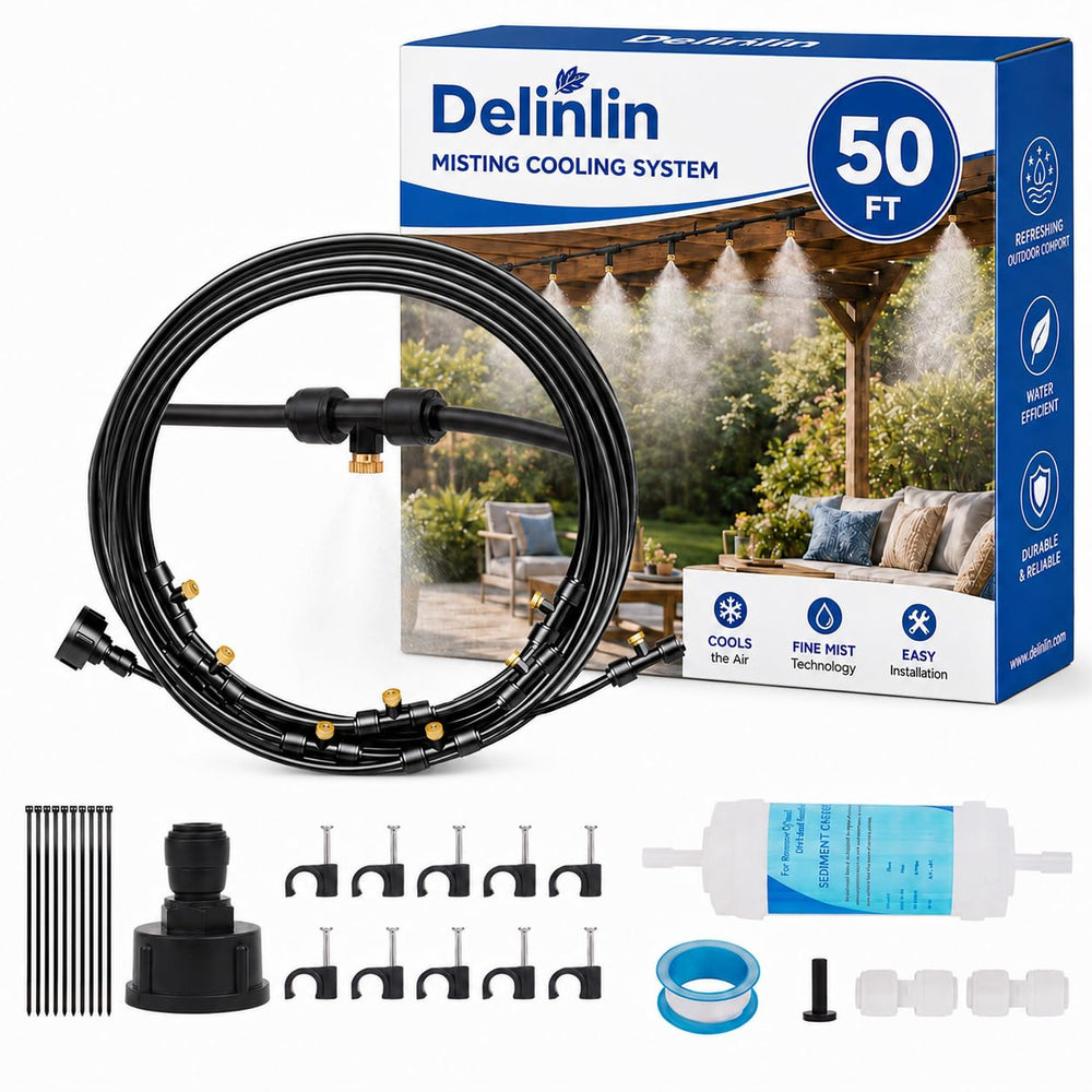 Delinlin 50FT Misting System with brass nozzles and black tubing