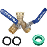 Denninal Brass Garden Hose Splitter front view with stainless steel handle