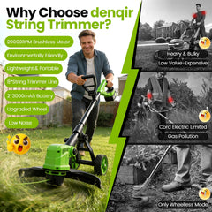denqir electric weed wacker with attached wheel for easy use