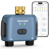 Denvest WiFi Water Timer front view with brass inlet and light blue finish