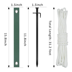 Detailed view of tree strap ties and steel stakes