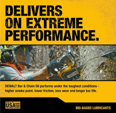 DEWALT Biodegradable Bar & Chain Oil pouring from bottle