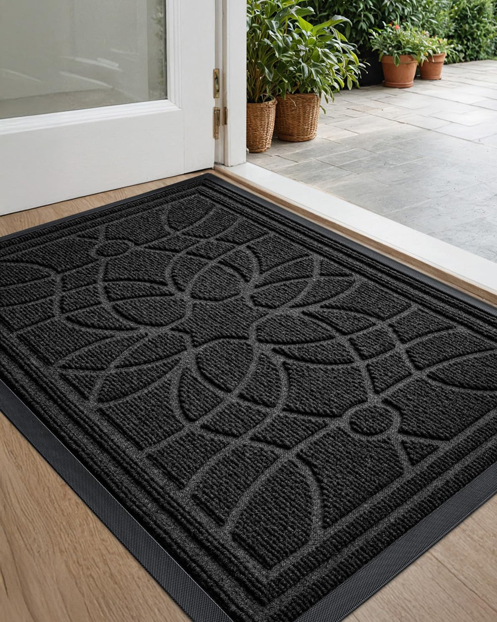 DEXI Front Door Mat 24x36 black with floral pattern