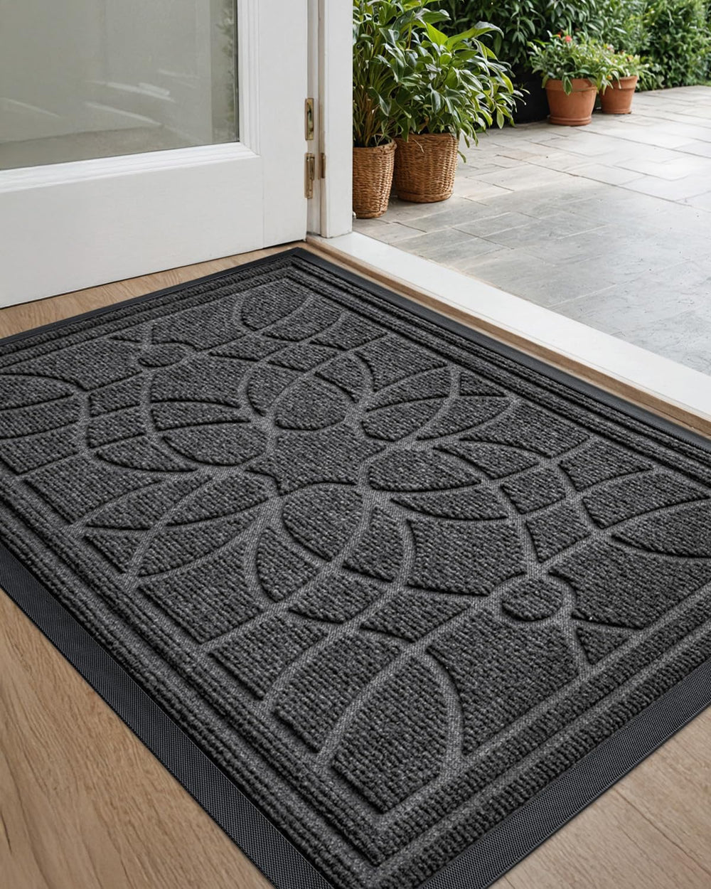 DEXI Front Door Mat 24x36 grey with floral patterned groove texture
