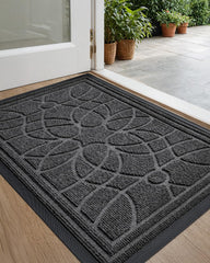 DEXI Front Door Mat 24x36 grey with floral patterned groove texture