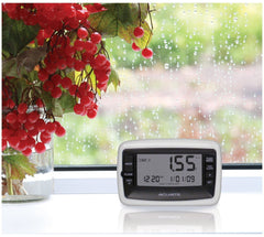 Digital display console of AcuRite rain gauge showing current date and time