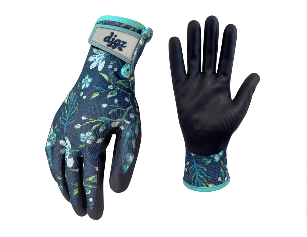 DIGZ Large Comfort Grip Garden Gloves in Floral Navy Blue front view