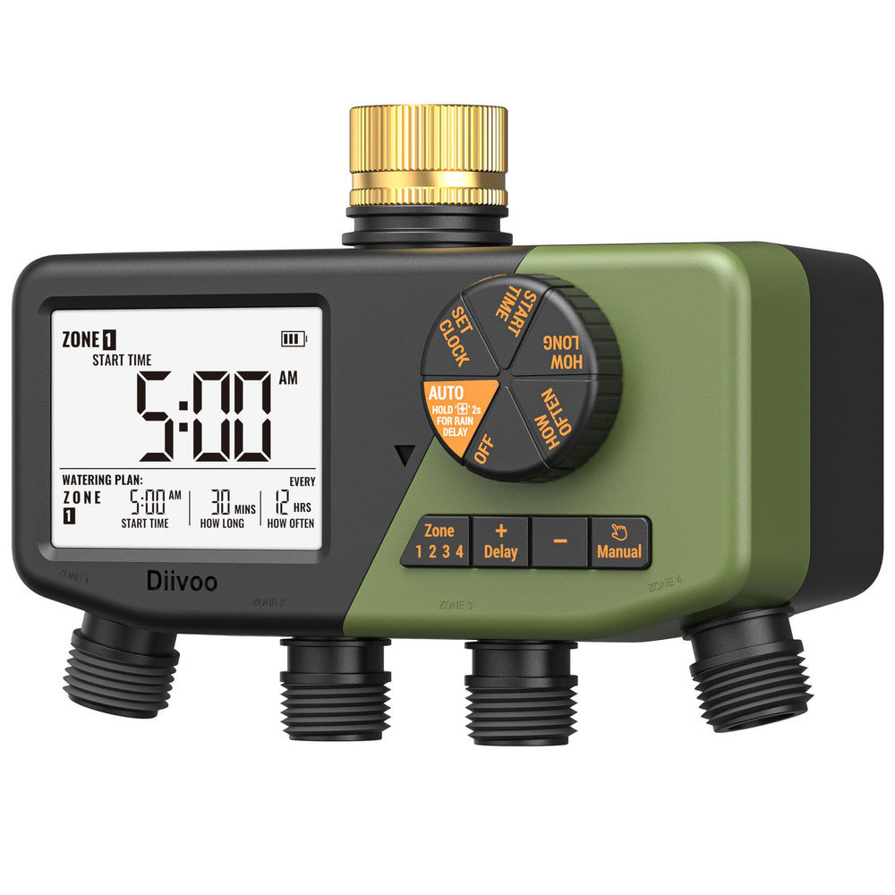 Diivoo 4 Zone Sprinkler Timer front view with large display