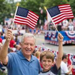 Display of American flags in a garden setting