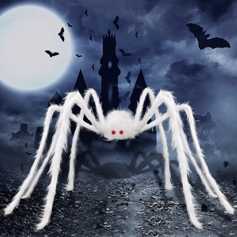 DIYDEC Giant Halloween Hairy Spider 59" white plush decoration front view