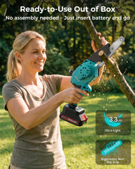 DocSmart chainsaw cutting through a 6-inch branch in garden setting