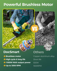 DocSmart hedge trimmer showing power-level indicator lights