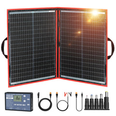 DOKIO 100W solar panel front view, folded position