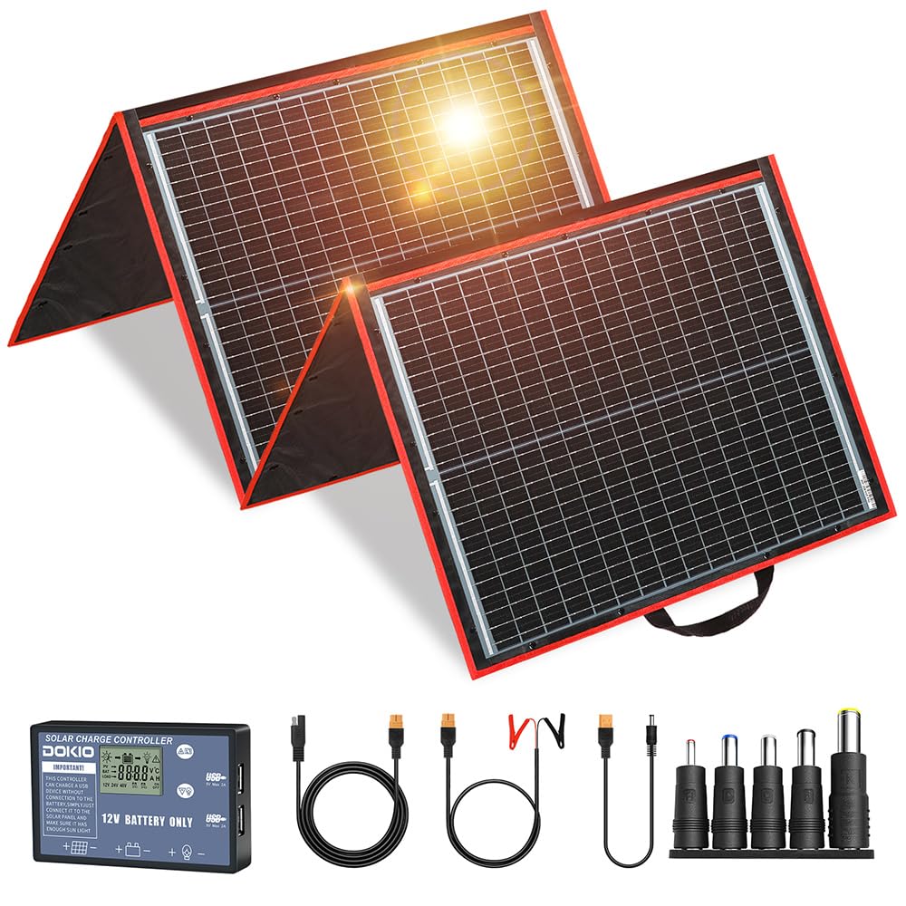 DOKIO 150W portable solar panel kit open view with monocrystalline silicon surface