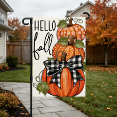 Double sided Snungee Fall Garden Flag showing 'Hello Fall' sentiment