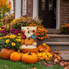 Double-sided Wanpluml Fall Pumpkin Garden Flag in outdoor setting