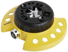 Dramm ColorStorm Yellow Turret Sprinkler front view with metal base