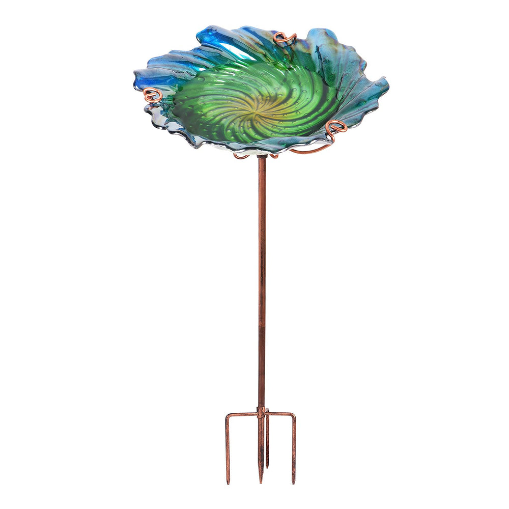 DREAM GARDEN 26-inch Glass Bird Bath with Green Flower Design
