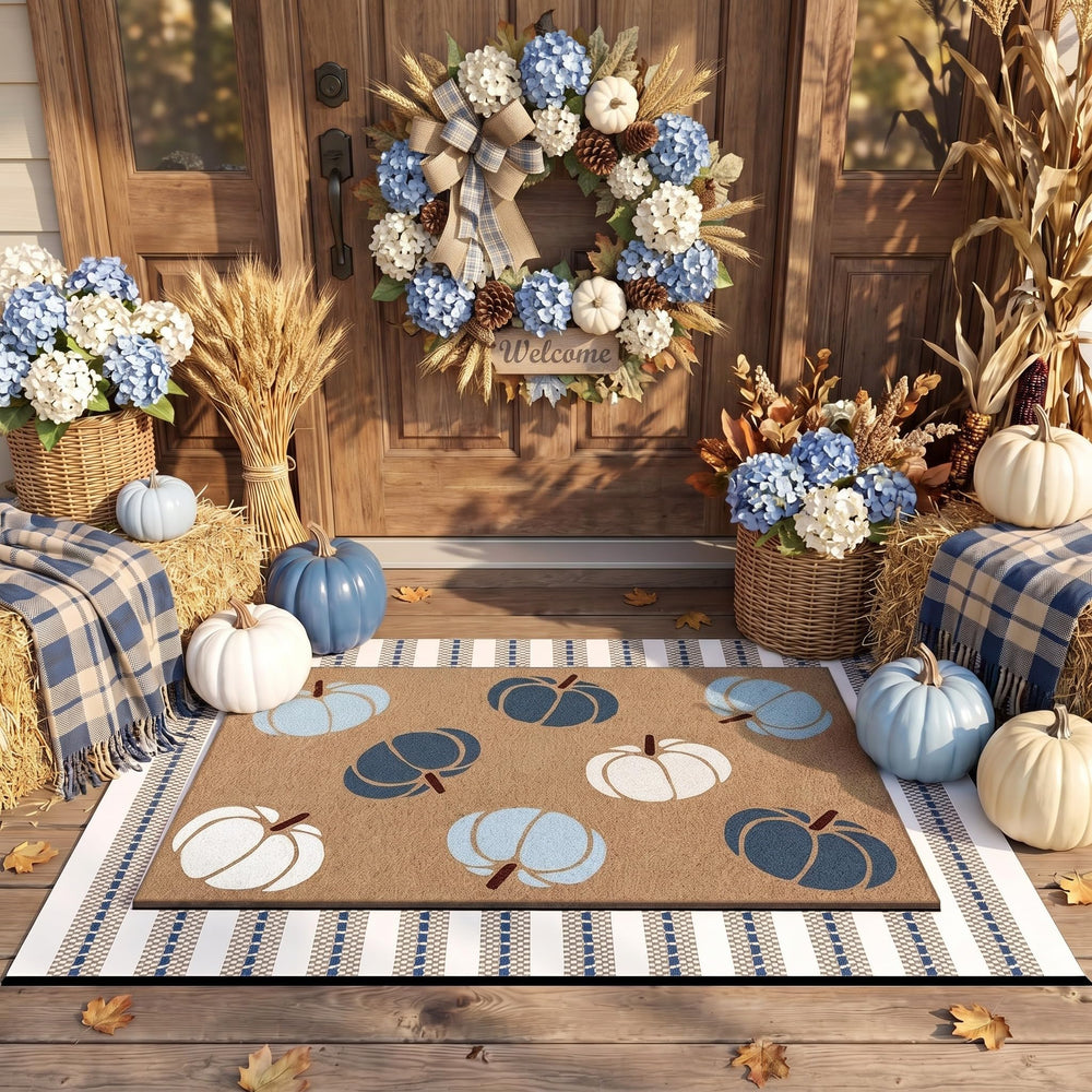 Drydiet Fall Front Door Mat Set featuring blue and white pumpkin design
