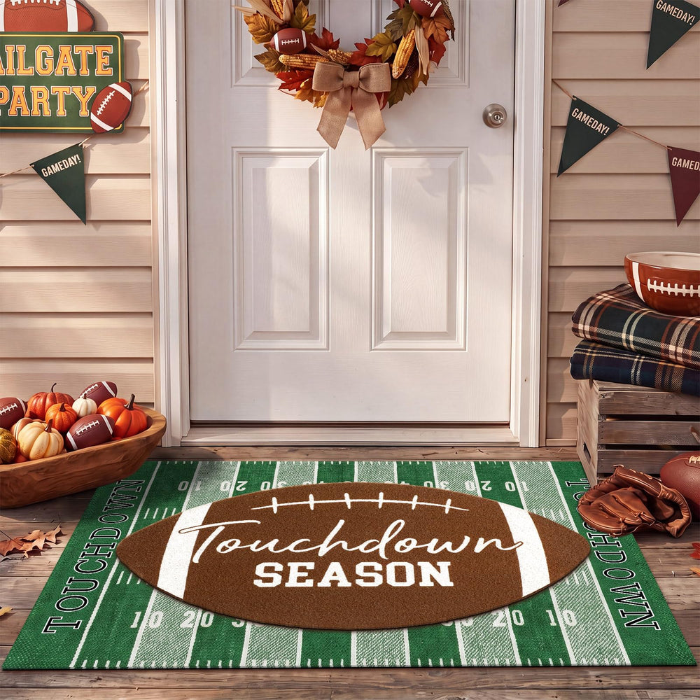 Drydiet Football Doormat Set with green fabric rug and brown faux coir mat