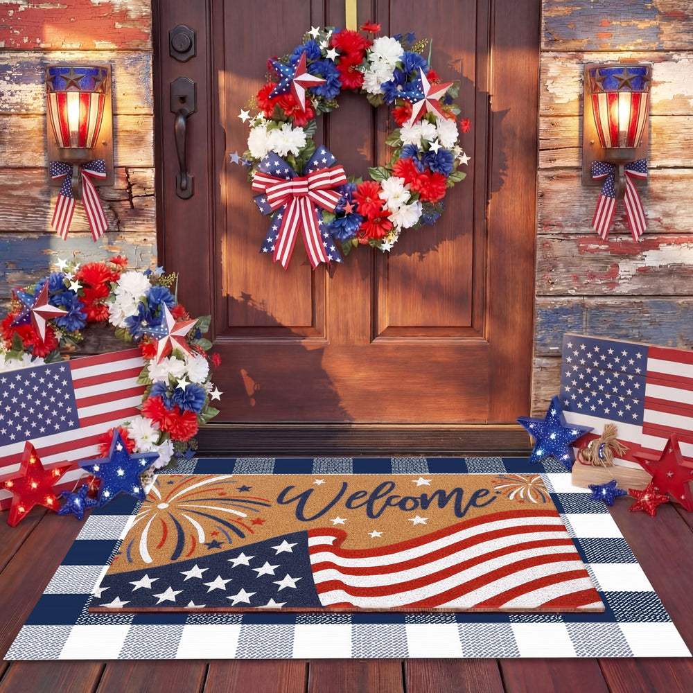 Drydiet Welcome Door Mat outdoor blue and white with American flag design