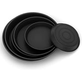 DUNPUTE plant saucer set in black, showing 8, 10, and 12-inch sizes
