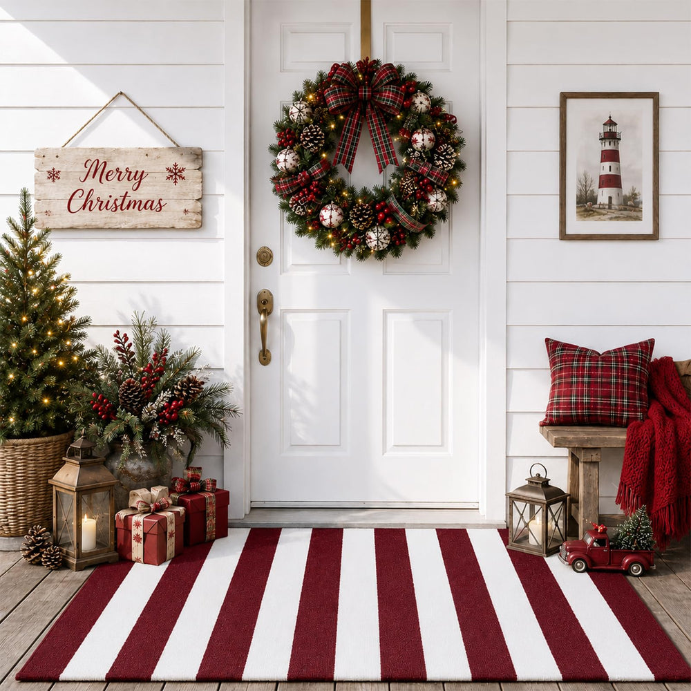 Duraaamo Burgundy White Striped Rug front view