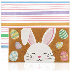 Duraaamo Easter Coir Doormat with bunny patterns and colourful stripes