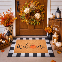 Duraaamo Fall Doormat Set with pumpkin patterns and checkered rug