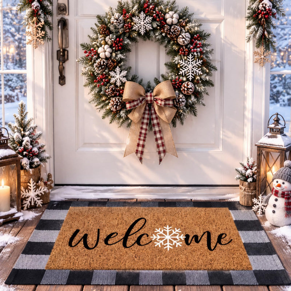 Duraaamo Winter Coir Doormat Set with snowflake design and plaid rug