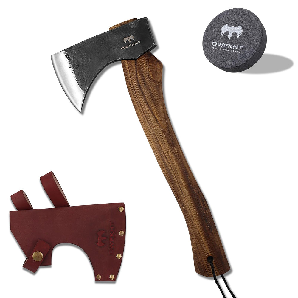 DWFKHT 15.7" Camping Hatchet front view with leather sheath