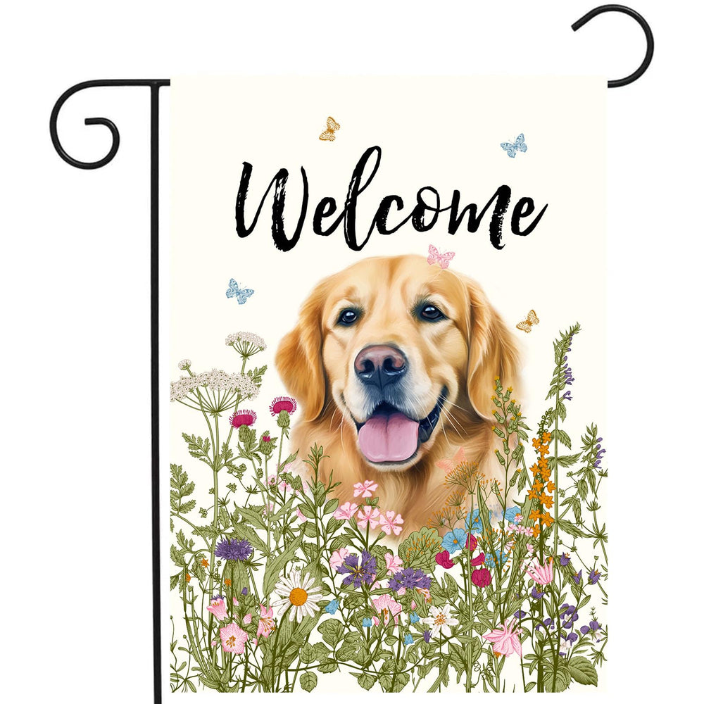 DZGlobal Golden Retriever Garden Flag front view with floral design