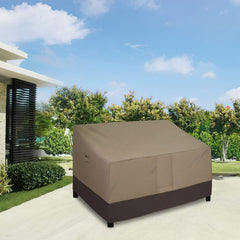 Easy-Going Outdoor Loveseat Cover displayed on a patio loveseat