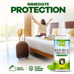 Eco Defense Bed Bug Spray in a travel bag on a hotel bed